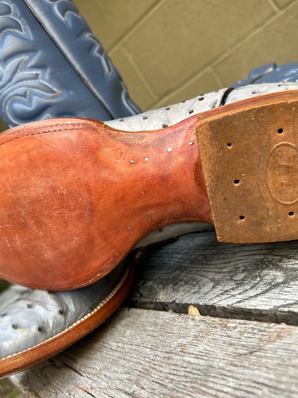 Handmade Gray Ostrich & Blue Square Toe Cowboy Boots Size 10D - Picture 5 of 15